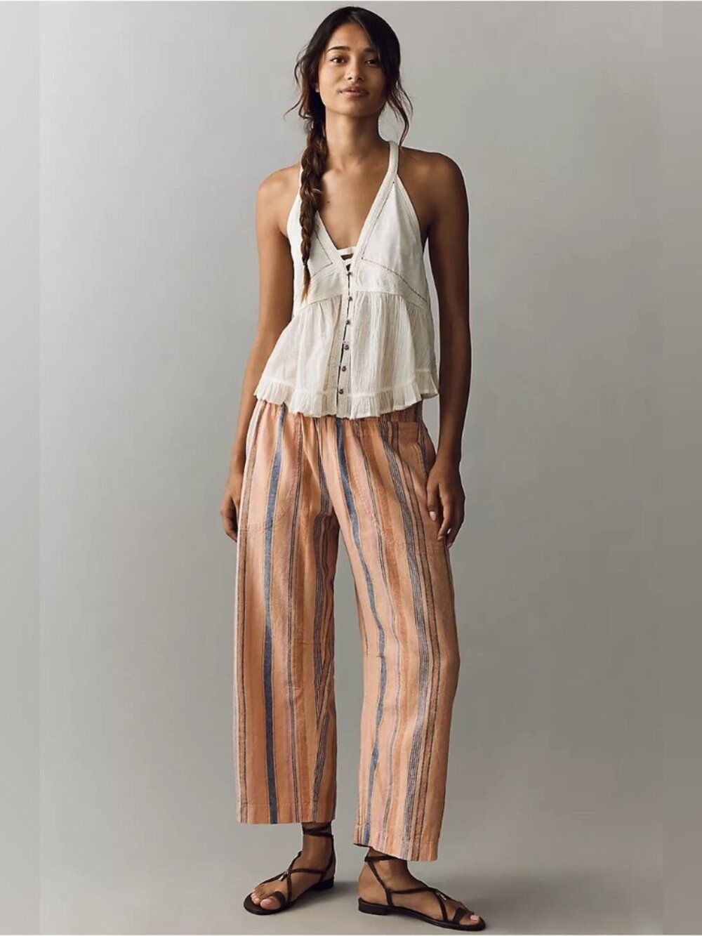 NWT Size L -Pilcro Linen Blend Reese Smocked Pull-On Barrel-Leg Pants (US$ 128)